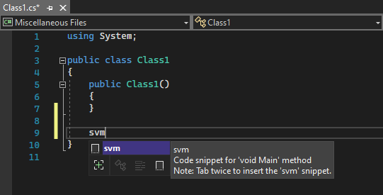 Captura de tela de um item pop-up do IntelliSense para um snippet de código no Visual Studio 2022.