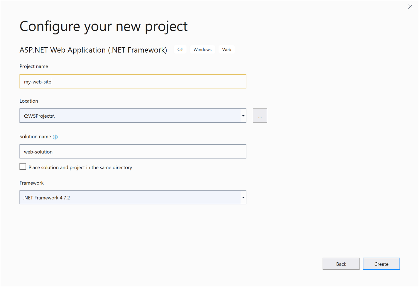 Captura de tela da caixa de diálogo 'Configurar seu novo projeto' no Visual Studio 2019.