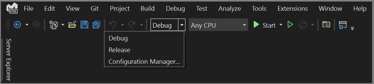 Captura de tela do seletor de configuração de build no Visual Studio 2022.