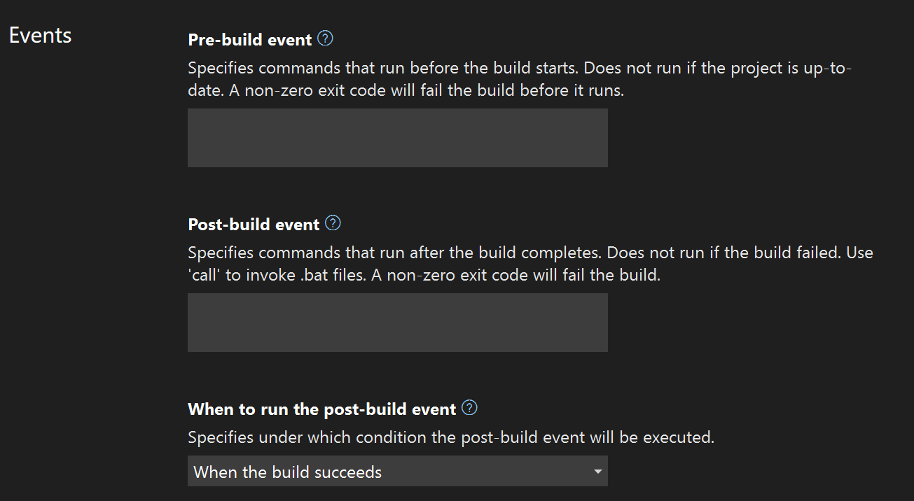 Captura de tela mostrando as configurações de Build Events.