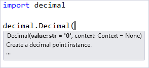 Captura de tela que mostra a ajuda de assinatura no editor do Visual Studio.