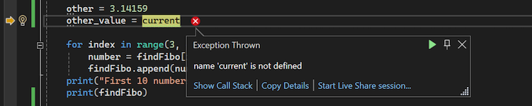 Captura de tela do depurador do Visual Studio para Python mostrando uma caixa de diálogo pop-up de exceção.