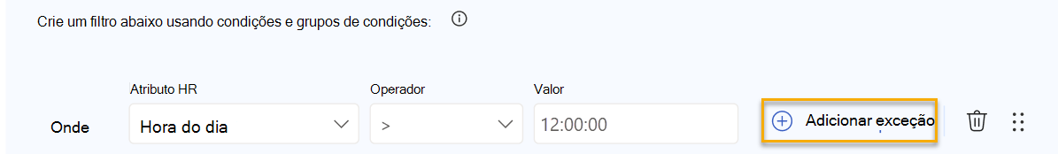 Captura de tela que mostra um filtro com o link Adicionar exceção realçado.