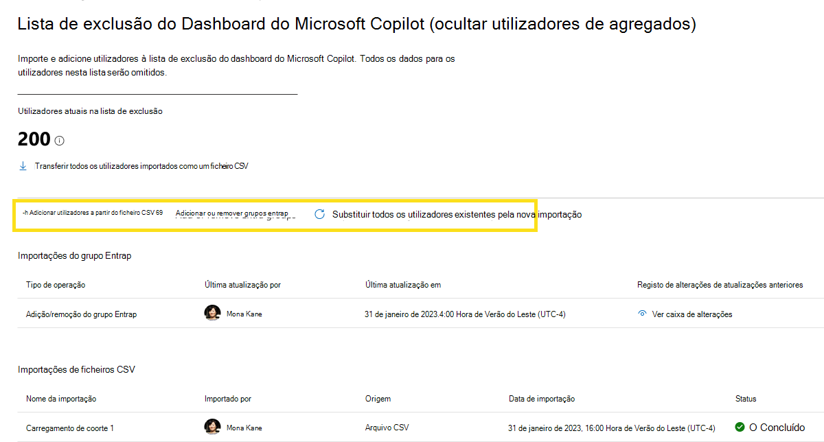 Captura de ecrã que mostra como carregar utilizadores com a funcionalidade de lista de exclusão.