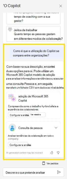 Captura de ecrã que mostra como o Copilot pode sugerir consultas com base na sua pergunta.