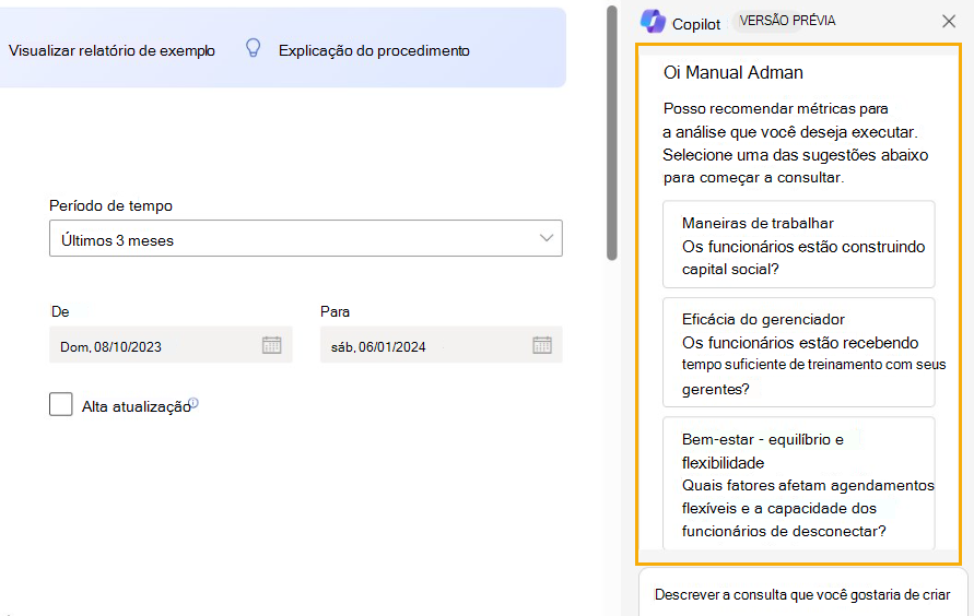 Captura de tela que mostra perguntas recomendadas do Copilot para configurar a consulta