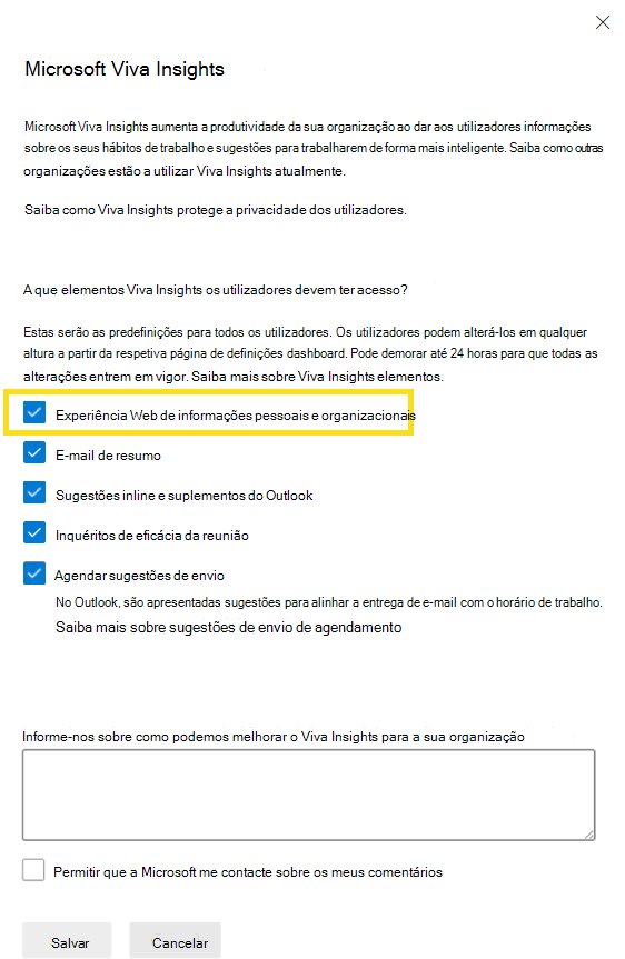 Captura de ecrã a mostrar o painel de definições Microsoft Viva Insights.