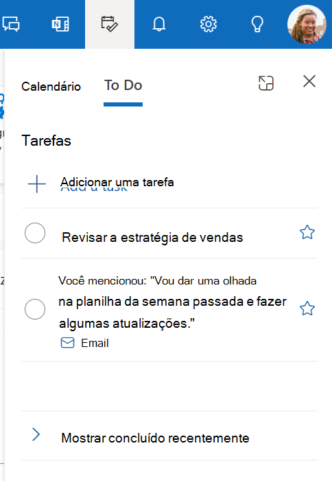 Captura de ecrã a mostrar o separador Tarefas do painel O Meu Dia no Outlook.