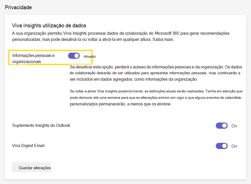 Captura de ecrã que mostra as definições de privacidade do Viva Insights.