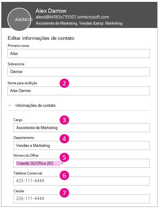 Captura de ecrã a mostrar a edição de informações de contacto.