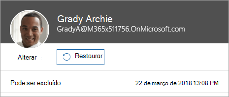 Captura de ecrã a mostrar o comando para restaurar um utilizador na administração do Microsoft 365.