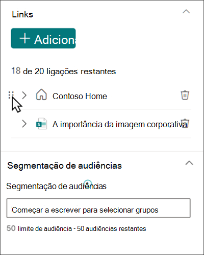 Captura de ecrã do painel Propriedades de ligações rápidas a mostrar onde pode gerir ligações e segmentação de audiências.