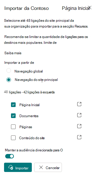 Captura de ecrã do painel Importar propriedades.