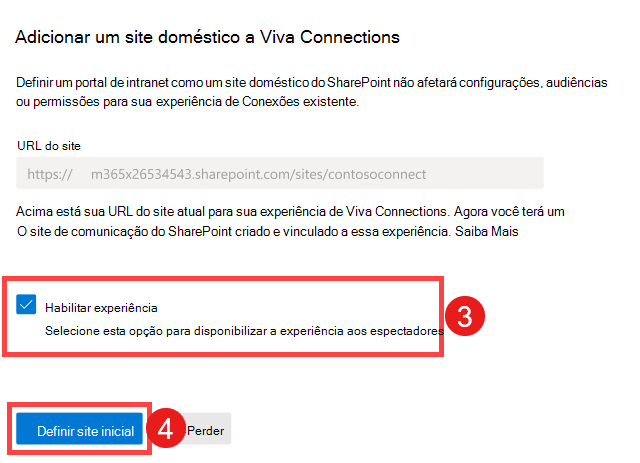 Captura de ecrã a realçar os passos para ativar a experiência de Viva Connections e defini-la como um site doméstico.