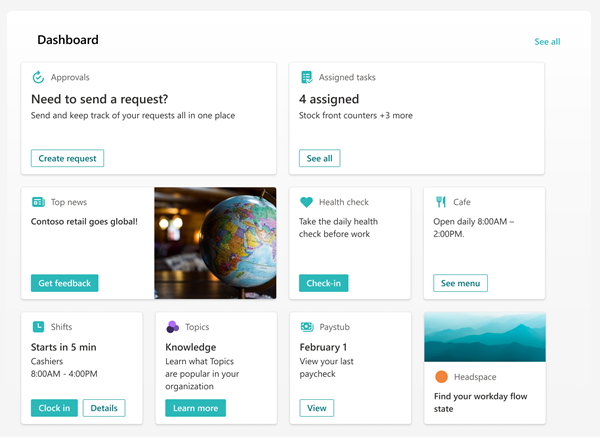 Captura de ecrã a mostrar um Exemplo de dashboard para ambiente de trabalho e dispositivos móveis.