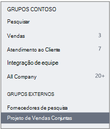 Captura de ecrã a mostrar Viva Engage barra de navegação a mostrar uma secção Grupos Externa.