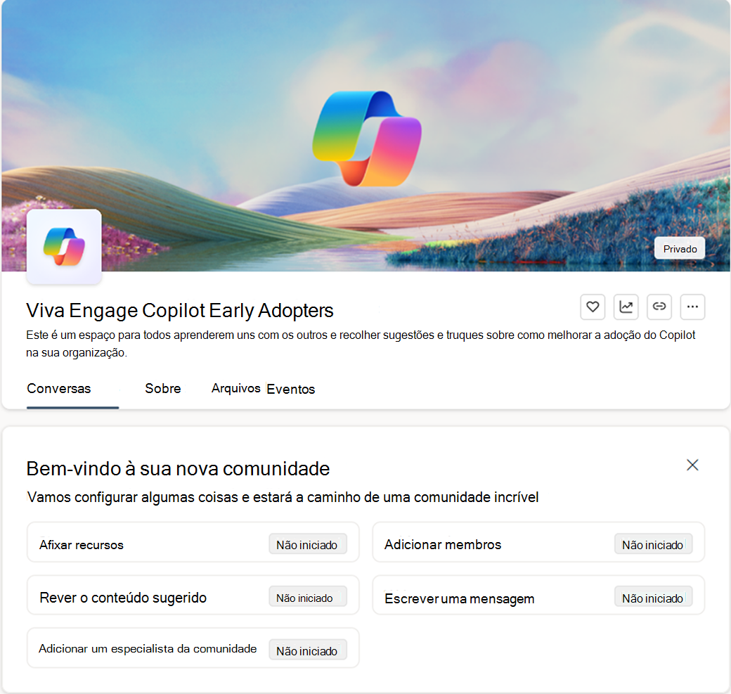 Captura de ecrã a mostrar os conteúdos sugeridos gerados na página da comunidade de adoção de Copilot=.