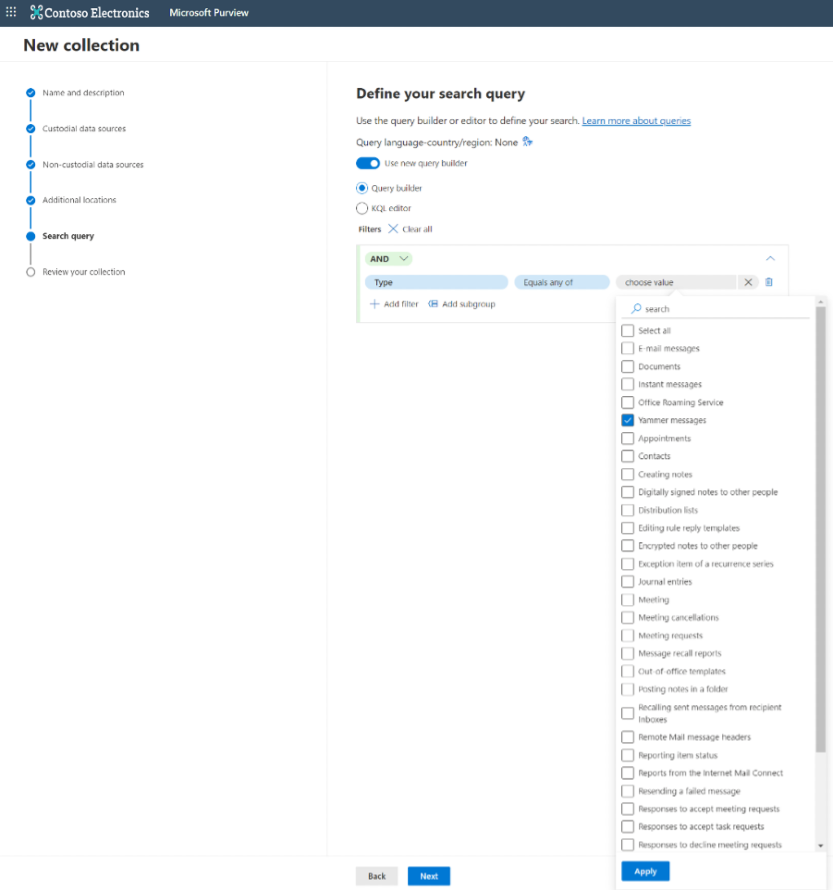 Captura de ecrã a mostrar como filtrar uma consulta de Deteção de Dados Eletrónicos para procurar em Envolver conteúdo.