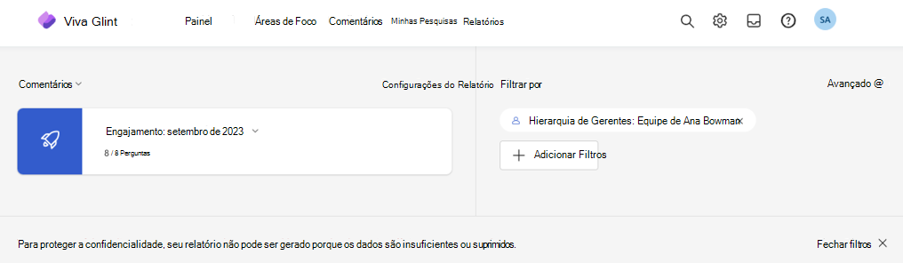 Captura de ecrã de um relatório de comentários com uma mensagem de dados insuficiente.