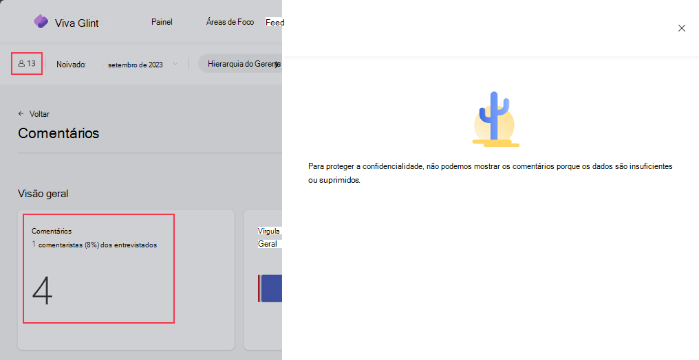 Captura de ecrã de um relatório de comentários com uma mensagem de dados insuficiente ao filtrar para um tópico específico.