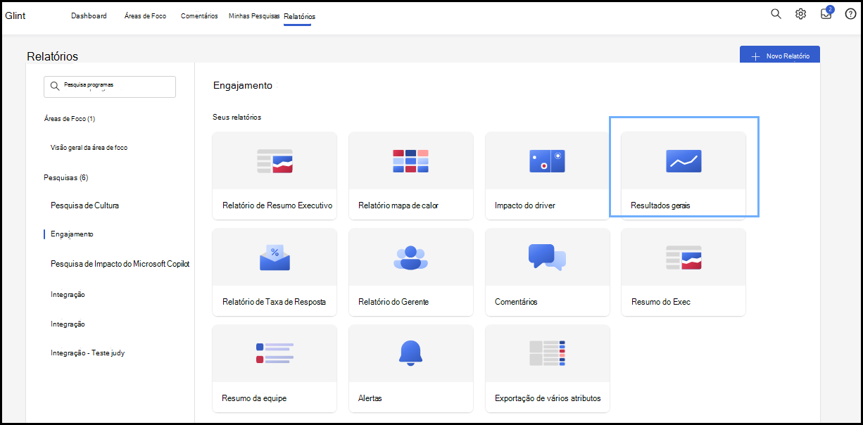 Captura de ecrã a mostrar o Relatório de Resultados Gerais no separador Relatórios.