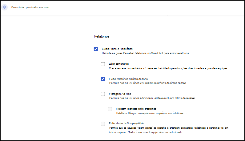 Captura de ecrã a mostrar onde conceder permissões para funções para ver relatórios da Área de Foco.