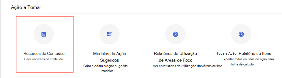 Captura de ecrã do acesso do dashboard de administração aos Recursos de Conteúdo.