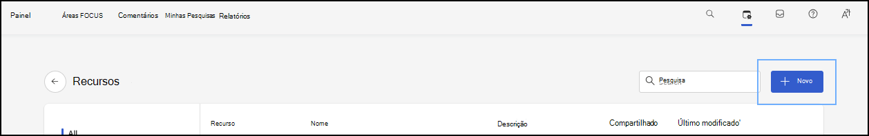 Captura de ecrã a mostrar o botão **+ Novo** para aceder à adição de novos recursos de conteúdo.
