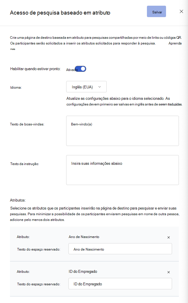 Captura de ecrã do painel de configuração do acesso ao inquérito baseado em atributos em Definições Gerais.