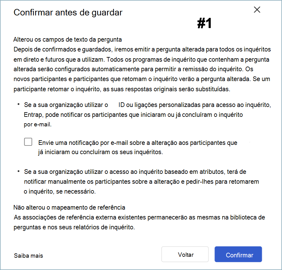 Captura de ecrã da caixa de diálogo Confirmar antes de guardar a alteração do item sem alteração de referência.