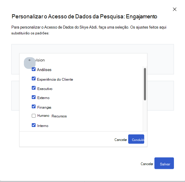 Captura de ecrã da caixa de diálogo com valores de atributos de acesso personalizados selecionados.