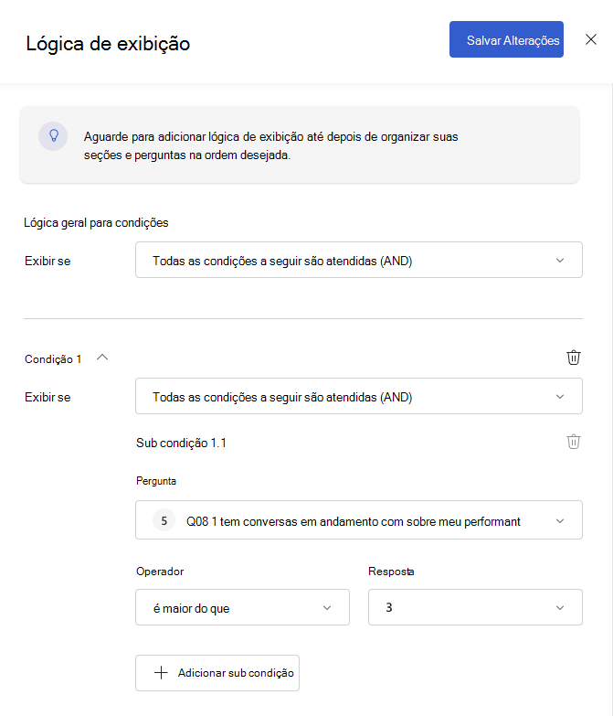 Captura de ecrã a mostrar o painel de configuração da lógica de apresentação para Comentários sobre Tarefas e Coaching.