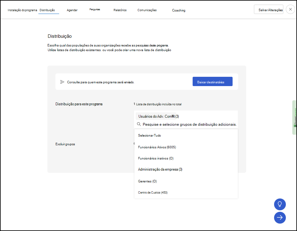 Captura de ecrã a mostrar o menu pendente Lista de Distribuição pré-preenchida.