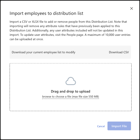 Captura de ecrã da janela do controlo de deslize para importar funcionários para uma Lista de Distribuição.