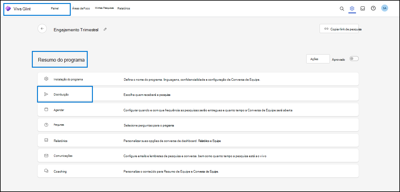 Captura de tela de onde acessar a configuração da Lista de Distribuição do Resumo do Programa.