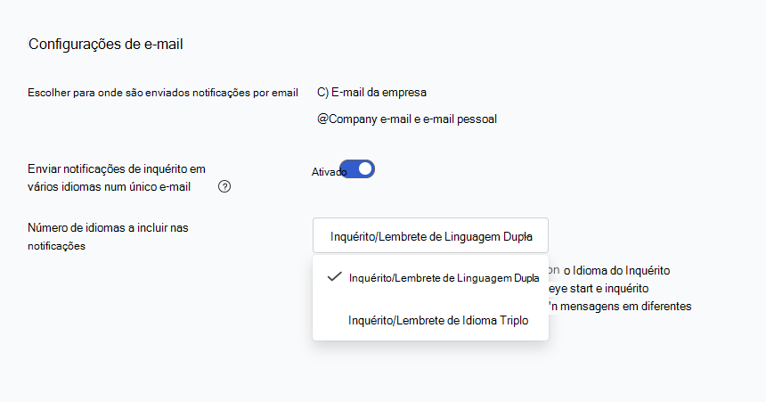 Captura de ecrã a mostrar a definição de e-mail de vários idiomas na secção Comunicações da configuração do inquérito.