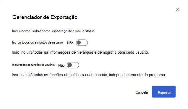 Captura de ecrã a mostrar a caixa de diálogo Exportar função para a função Gestor.