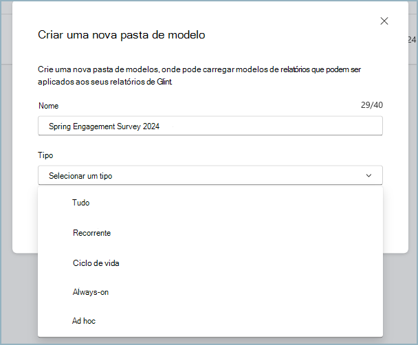 Captura de ecrã a mostrar os campos que requerem a configuração para criar uma nova pasta de modelo.