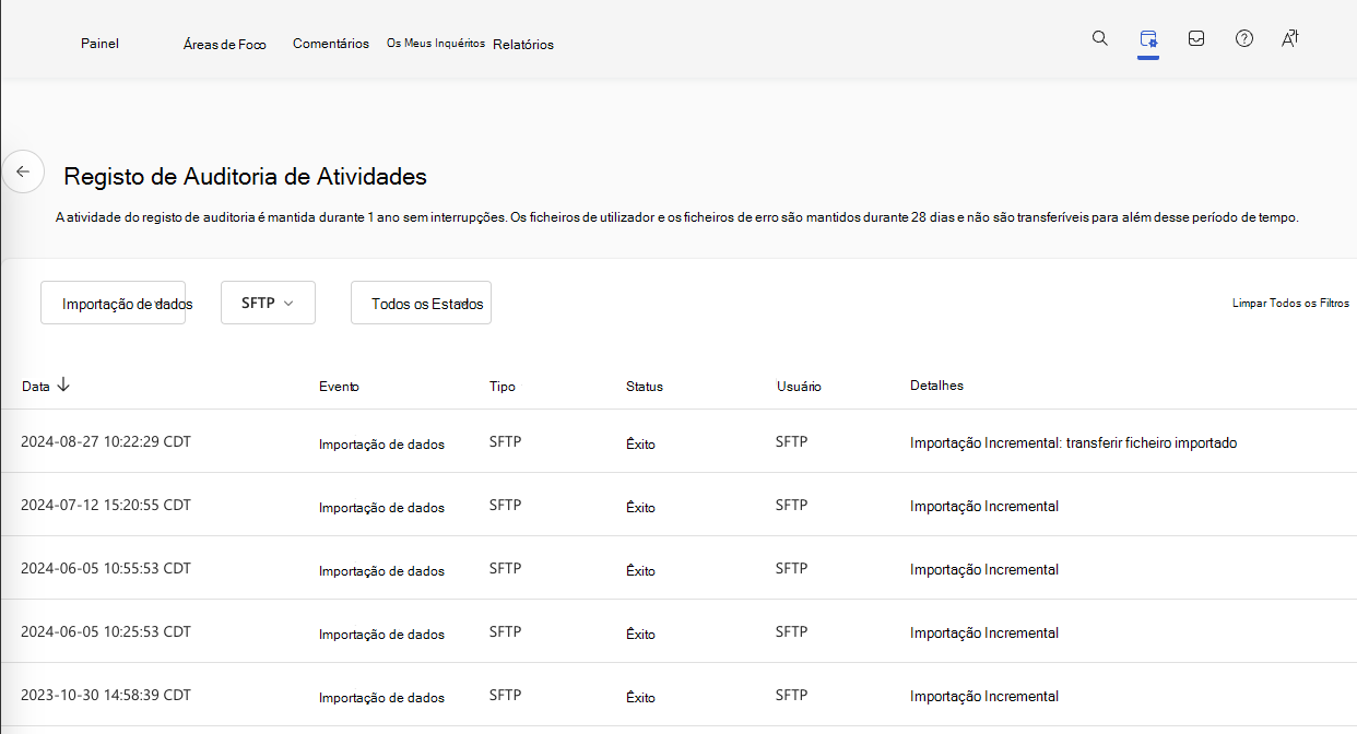 Captura de ecrã do Registo de Auditoria de Atividades filtrado para a atividade de importação de dados para importações SFTP.