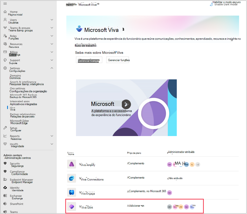 Captura de ecrã a mostrar Viva Glint no Centro de administração do Microsoft 365.