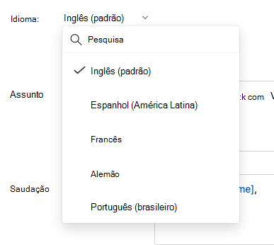 Captura de ecrã a mostrar a lista pendente Idioma no painel de edição de e-mail.