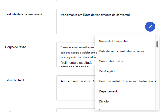 Captura de ecrã a mostrar as macros disponíveis para adicionar ao texto de e-mail da Conversação de Equipa.