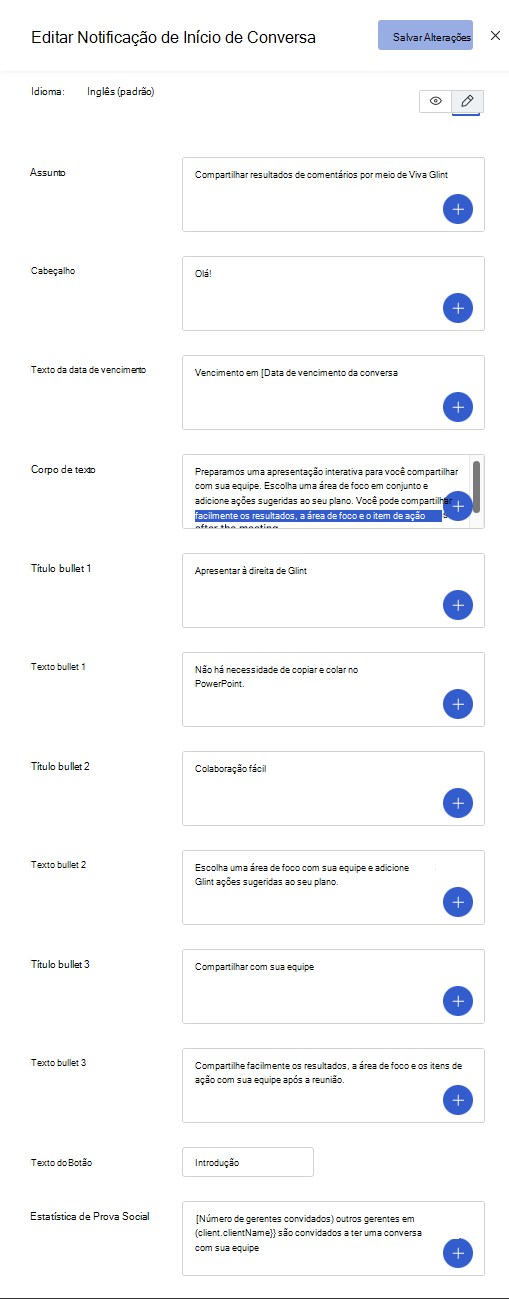 Captura de ecrã a mostrar as secções editáveis de início de Conversações de Equipa no Viva Glint.