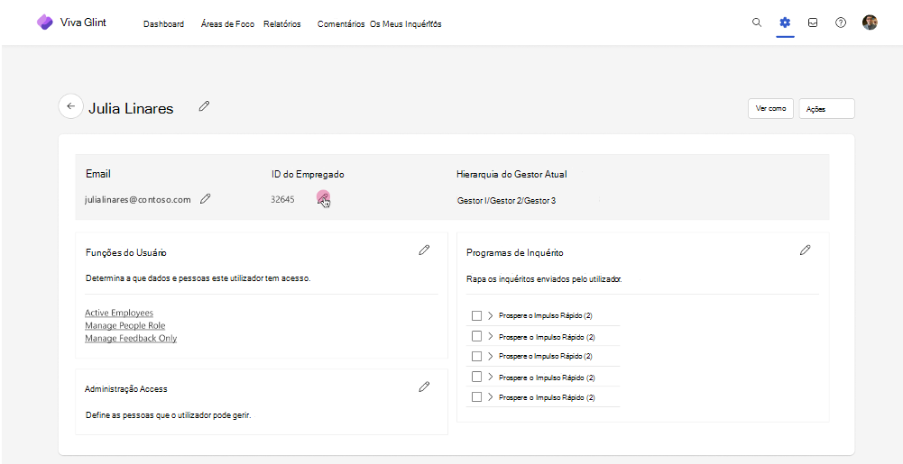 Captura de ecrã a mostrar o perfil Glint de um utilizador com a opção de atualização de ID de funcionário.