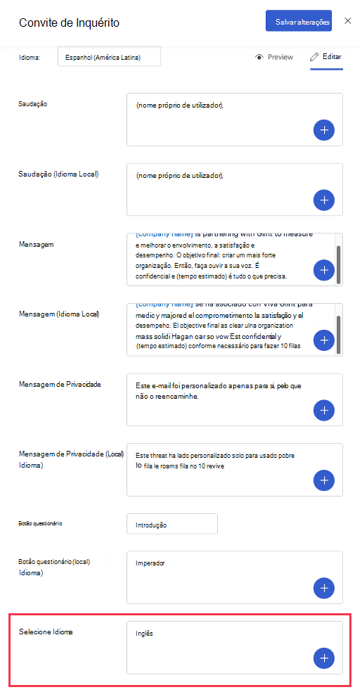 Captura de ecrã a mostrar um painel de configuração de e-mail com o inglês preenchido no campo Selecionar Idioma.