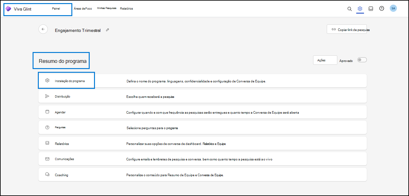 Captura de ecrã a mostrar a página Configuração do Programa para configuração no Resumo do Programa.