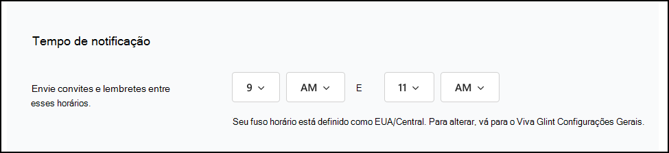 Captura de ecrã da secção Temporização das Notificações na configuração de Comunicações.