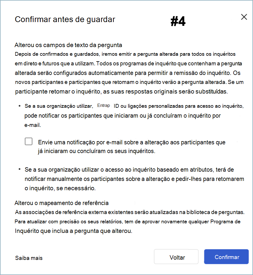 Captura de ecrã a mostrar a caixa de diálogo Confirmar antes de guardar as alterações de texto de referência e de item.