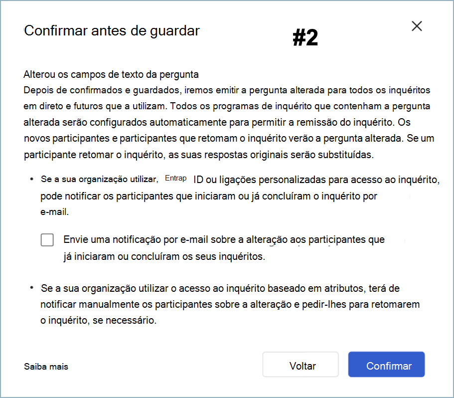 Captura de ecrã da caixa de diálogo Confirmar antes de guardar a edição de texto do item sem referência associada.