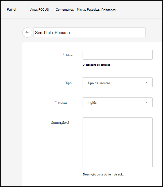 Captura de ecrã da janela que se abre para atribuir um nome e identificar um novo recurso de conteúdo.